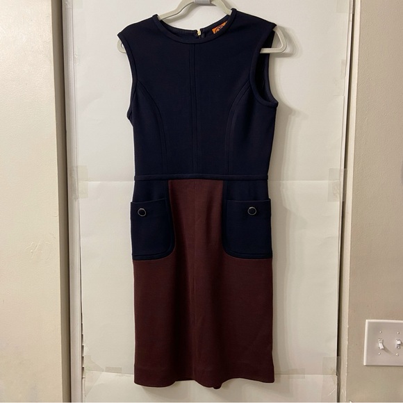 Tory Burch Plum Navy Colorblock Brianna Wool Blend Sheath Dress S - Picture 3 of 11